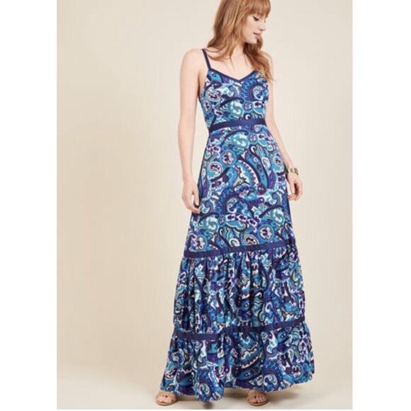 NWOT ModCloth Maxi Dress Sleeveless Tiered Paisley Whimsigoth Blue Size M - Picture 1 of 8